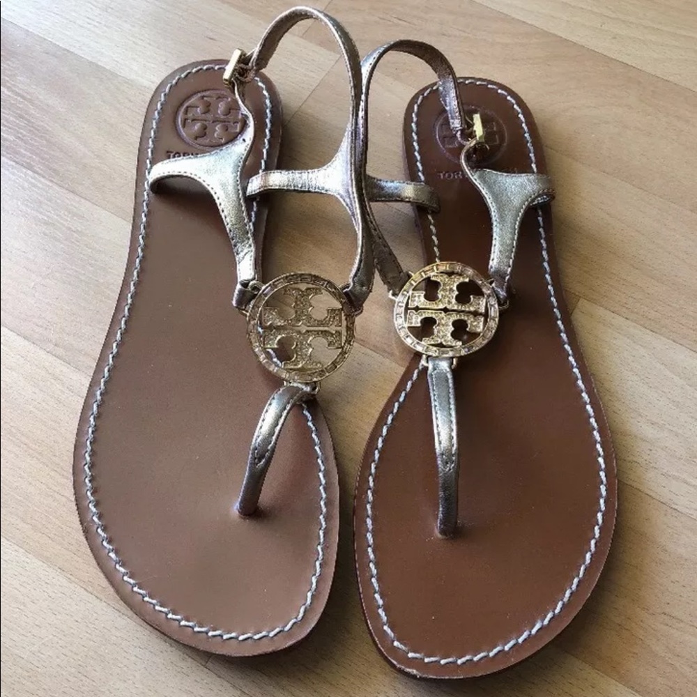 Tory Burch Gold Rhinestone logo thong Miller Sandals Size 7.5